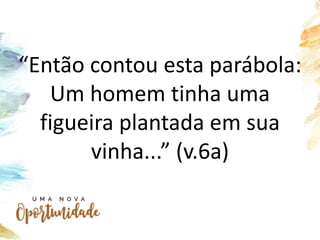 “Então contou esta parábola:
Um homem tinha uma
figueira plantada em sua
vinha...” (v.6a)
 