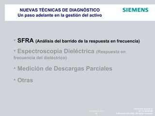 Alexander Santos R.
ET TR SCMQM
© Siemens AG 2009. All rights reserved.28
NOVIEMBRE 2010
NUEVAS TÉCNICAS DE DIAGNÓSTICO
Un paso adelante en la gestión del activo
• SFRA (Análisis del barrido de la respuesta en frecuencia)
• Espectroscopia Dieléctrica (Respuesta en
frecuencia del dieléctrico)
• Medición de Descargas Parciales
• Otras
 