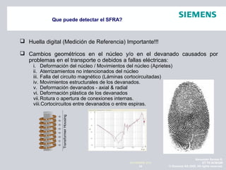 Alexander Santos R.
ET TR SCMQM
© Siemens AG 2009. All rights reserved.34
NOVIEMBRE 2010
Que puede detectar el SFRA?
 Huella digital (Medición de Referencia) Importante!!!
 Cambios geométricos en el núcleo y/o en el devanado causados por
problemas en el transporte o debidos a fallas eléctricas:
i. Deformación del núcleo / Movimientos del núcleo (Aprietes)
ii. Aterrizamientos no intencionados del núcleo
iii. Falla del circuito magnético (Láminas cortocircuitadas)
iv. Movimientos estructurales de los devanados.
v. Deformación devanados - axial & radial
vi. Deformación plástica de los devanados
vii.Rotura o apertura de conexiones internas.
viii.Cortocircuitos entre devanados o entre espiras.
 