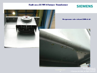 Alexander Santos R.
ET TR SCMQM
© Siemens AG 2009. All rights reserved.43
NOVIEMBRE 2010
Overpressure valve released 200l of oil
Fault on a 25 MVA Furnace Transformer
 