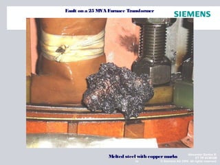 Alexander Santos R.
ET TR SCMQM
© Siemens AG 2009. All rights reserved.54
NOVIEMBRE 2010Melted steel with coppermarks
Fault on a 25 MVA Furnace Transformer
 