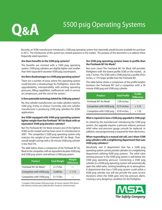 5500 psig Operating Systems
Q&A
 Recently, an SCBA manufacturer introduced a 5500 psig operating system that reportedly would become available for purchase
 in 2012. The introduction of this system has created questions in the market. The purpose of this document is to address these
 frequently asked questions:
 Are there benefits to the 5500 psig systems?                               Are 5500 psig operating systems lower in profile than
 The benefits are minimal with a 5500 psig operating                        the FireHawk M7 Air Mask?
 system. 5500 psig cylinders are slightly lighter and smaller               Not even close! The FireHawk M7 Air Mask still provides
 than their equivalent duration 4500 psig counterparts.                     firefighters with the lowest profile SCBA on the market, at
                                                                            only 7 inches. The SCBA with a 5500 psig has a profile of 8.5
 Are there disadvantages to a 5500 psig operating system?                   inches, a 17% larger profile than the Firehawk M7.
 There are a number of areas where this operating system                    The table below shows a comparison of the profile heights
 could become a disadvantage for firefighters. Areas like                   between the Firehawk M7 and a competitor with a 30
 upgradeability, interoperability with existing operating                   minute 4500 psig and 5500 psig cylinder.
 pressures, filling capabilities, inefficiencies with in-service
 air compressors, and the cost of the system.                                                                                Profile
                                                                                      Product              Total Profile
                                                                                                                           Diﬀerence
 Is there patentable technology behind the 5500 psig systems?
 No. Any cylinder manufacturer can make cylinders rated to                  FireHawk M7 Air Mask*          7.00 inches         —
 5500 psig, if they so choose. Currently, only one cylinder                 Competitor with 4500 psig      8.75 inches       + 1.75
 manufacturer is producing 5500 psig cylinders for SCBA
 applications.                                                              Competitor with 5500 psig      8.50 inches       + 1.50

 Are SCBA equipped with 5500 psig operating systems                         What is required to have a 4500 psig upgraded to 5500 psig?
 lighter weight than the FireHawk® M7 Air Mask with an
                                                                            As stated by the manufacturer introducing the 5500 psig
 equivalent 4500 psig duration cylinder?
                                                                            system, the upgrade requires a pressure reducer, pressure
 No! The Firehawk M7 Air Mask remains one of the lightest                   relief valve and pressure gauge console be replaced. In
 SCBA on the market and has been since it's introduction in                 addition, new programming is required for their electronics.
 2007. The competitor's 5500 psig operating system only
 matches the weight of our Firehawk M7 Air Mask. Their                      When responding to a mutual aid call, can I share 5500
 overall weight savings with a 30-minute 5500 psig cylinder                 psig cylinders with a neighboring department that uses
 is less than 5%.                                                           4500 psig cylinders?
 The table below shows a comparison of the FireHawk M7 Air                  Absolutely not! A department that has a 5500 psig
 Mask to the competitor, with an equivalent duration 4500 psig              operating system cannot provide cylinders to a neighboring
 and 5500 psig system, and without a 5500 psig system.                      department utilizing 4500 psig systems. The relief valve
                                                                            venting pressure in the 4500 psig system is well below the
                                                           Weight           5500 psig operating pressure. Connecting a 5500 psig
             Product                  Total Weight
                                                          Diﬀerence         cylinder to a 4500 psig operating system will automatically
 FireHawk M7 Air Mask*                   21.75 lbs             —            open the relief valve, venting breathing air to atmosphere.
                                                                            A department that has a 5500 psig system could utilize a
 Competitor with 4500 psig               22.88 lbs           + 1.13         4500 psig cylinder, but will not provide the same service
 Competitor with 5500 psig               21.75 lbs             —            durations when the SCBA goes into low pressure alarm,
                                                                            creating a very dangerous condition for the firefighter.
 * Complete SCBA includes 4500 psig empty 30-minute cylinder, PASS device
 with batteries, lumbar pad, buddy breather, facepiece, and pneumatics.
 