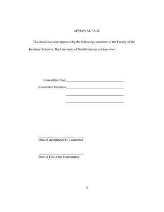 ii
APPROVAL PAGE
This thesis has been approved by the following committee of the Faculty of the
Graduate School at The University of North Carolina at Greensboro.
Committee Chair____________________________________
Committee Members____________________________________
____________________________________
____________________________________
____________________________
Date of Acceptance by Committee
____________________________
Date of Final Oral Examination
 