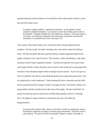 50
question about the ominous behavior of an old horse, due to the animal’s ability to sense
the soul of his dead owner:
La tunda es jodida, palabra—siguió don Clemente--; yo he topado su rastro
cuando he andado monteando. La una pata es como de cristiano, pero la otra es
de molinillo. Siempre cufiando las casas donde hay criaturas. Si la muy astuta ve
a un chico, se transforma enseguida, por malas artes, en persona conocida del
muchacho o en animalito de la casa. (Juyungo 237)
This creature, Don Cleme claims, lives in the forest that is located uphill from his
residence. He also recalls “la tunda” attacking a boy who tried to return his chickens
home. He later proclaims that the mysterious being is a fallen angel that landed in the
jungle, waiting for new souls to devour. This narrative, while entertaining, is only taken
seriously by Don Cleme’s grandson Emérito. I mention this specific story since Lastre
and Cangá will later venture into those same woods in order to harvest a certain plant that
has been in local demand, despite whatever dangers may be present. Ayoví even goes so
far as to explicitly warn the two men about the guards who occupy that general area, who
are employed by a white landowner. Upon entering the forest, Ascensión uses the skills
that he acquired from the Cayapas in order to navigate the area. He notices evidence of a
large predator that has recently been in that zone of the jungle. He also recalls that “un
gringo me decía que aquí en estas selvas no había tigres grandes ni bravos” (Juyungo
261). He begins to suspect otherwise, and what he sees next will affirm his
prognostication:
Un puma color de perro lobo, enjuto y musculoso, mostró sus poderosos caninos,
fruciendo la región de sus bigotes, mientras rugía roncamente. El herido volvió a
caer exánime. El carnívoro le dio una ojeada y dispuso a atacar, moviendo su
 