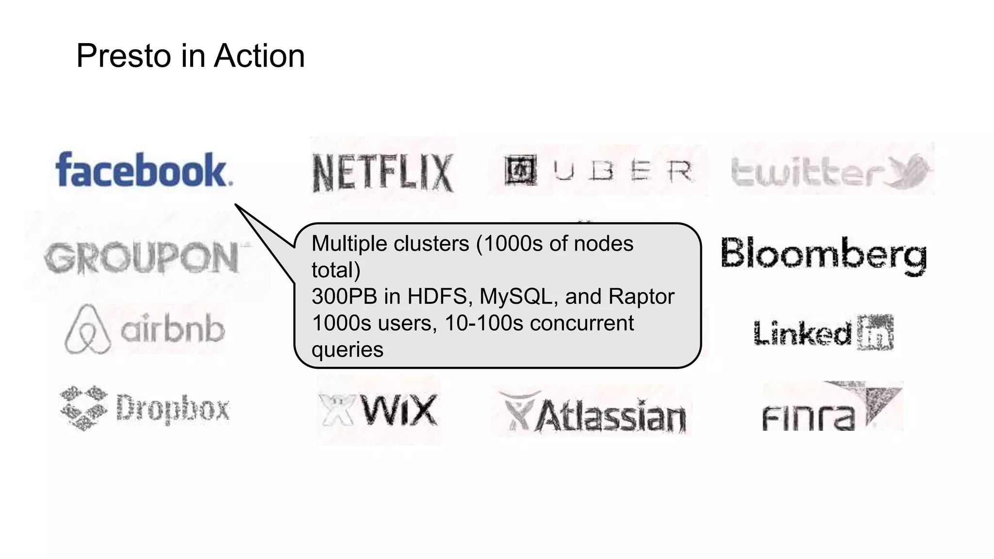 Multiple clusters (1000s of nodes
total)
300PB in HDFS, MySQL, and Raptor
1000s users, 10-100s concurrent
queries
Presto in Action
 