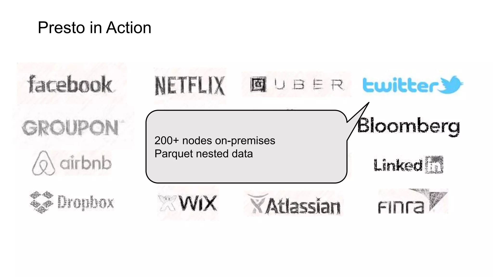 200+ nodes on-premises
Parquet nested data
Presto in Action
 