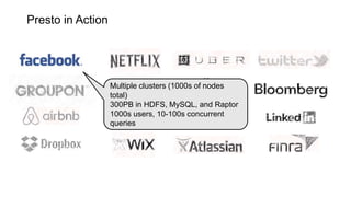 Multiple clusters (1000s of nodes
total)
300PB in HDFS, MySQL, and Raptor
1000s users, 10-100s concurrent
queries
Presto in Action
 
