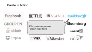200+ nodes on-premises
Parquet nested data
Presto in Action
 