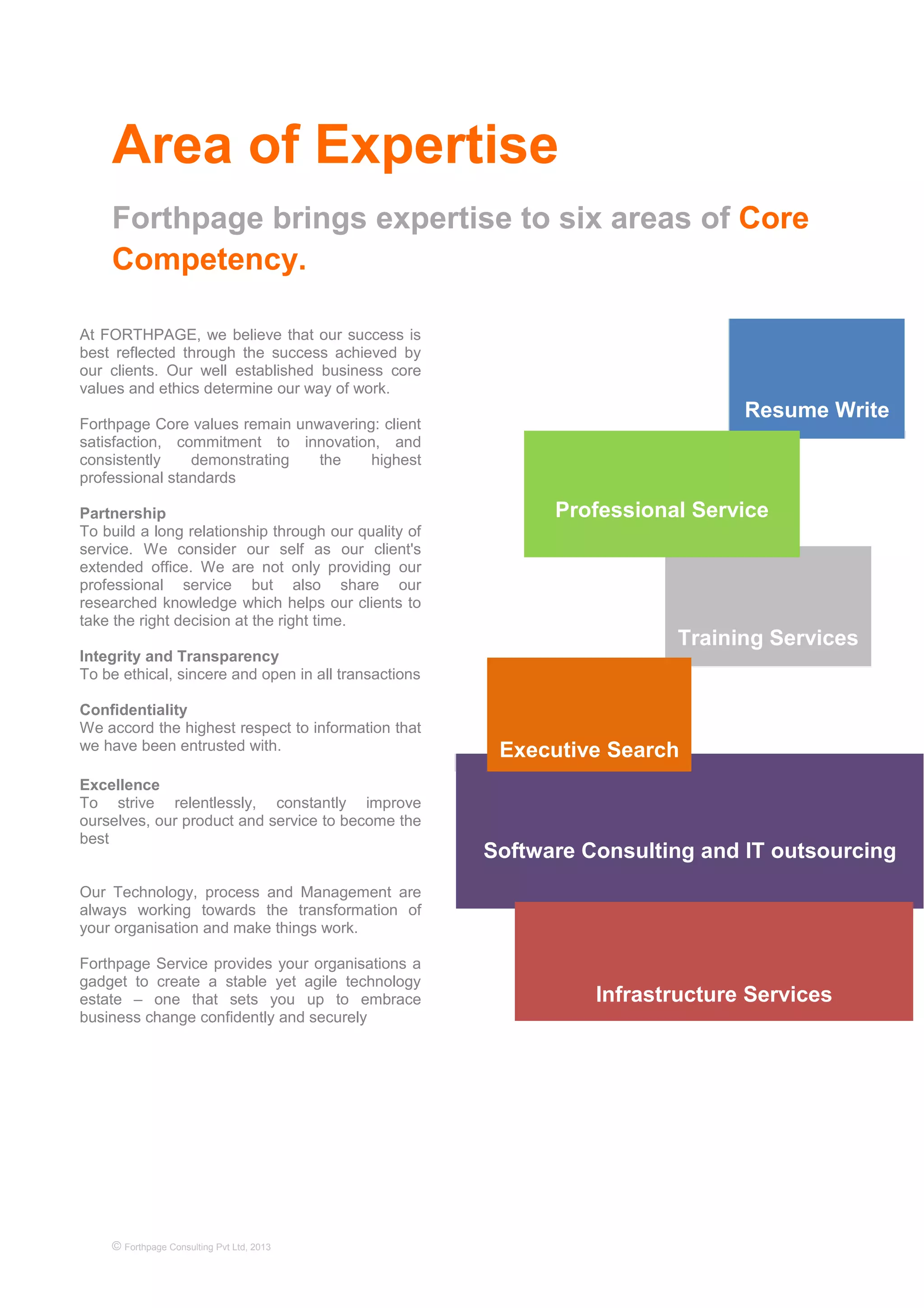 Area of Expertise
Forthpage brings expertise to six areas of Core
Competency.
© Forthpage Consulting Pvt Ltd, 2013
Resume Write
Software Consulting and IT outsourcing
Training Services
Executive Search
Professional Service
Infrastructure Services
At FORTHPAGE, we believe that our success is
best reflected through the success achieved by
our clients. Our well established business core
values and ethics determine our way of work.
Forthpage Core values remain unwavering: client
satisfaction, commitment to innovation, and
consistently demonstrating the highest
professional standards
Partnership
To build a long relationship through our quality of
service. We consider our self as our client's
extended office. We are not only providing our
professional service but also share our
researched knowledge which helps our clients to
take the right decision at the right time.
Integrity and Transparency
To be ethical, sincere and open in all transactions
Confidentiality
We accord the highest respect to information that
we have been entrusted with.
Excellence
To strive relentlessly, constantly improve
ourselves, our product and service to become the
best
Our Technology, process and Management are
always working towards the transformation of
your organisation and make things work.
Forthpage Service provides your organisations a
gadget to create a stable yet agile technology
estate – one that sets you up to embrace
business change confidently and securely.
 