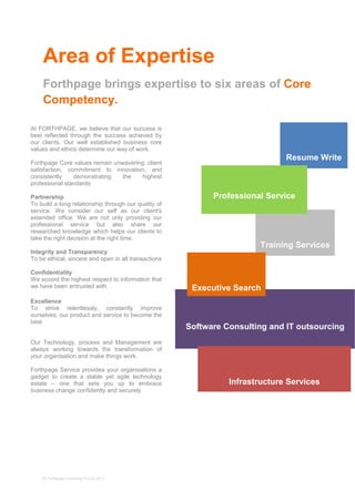 Area of Expertise
Forthpage brings expertise to six areas of Core
Competency.
© Forthpage Consulting Pvt Ltd, 2013
Resume Write
Software Consulting and IT outsourcing
Training Services
Executive Search
Professional Service
Infrastructure Services
At FORTHPAGE, we believe that our success is
best reflected through the success achieved by
our clients. Our well established business core
values and ethics determine our way of work.
Forthpage Core values remain unwavering: client
satisfaction, commitment to innovation, and
consistently demonstrating the highest
professional standards
Partnership
To build a long relationship through our quality of
service. We consider our self as our client's
extended office. We are not only providing our
professional service but also share our
researched knowledge which helps our clients to
take the right decision at the right time.
Integrity and Transparency
To be ethical, sincere and open in all transactions
Confidentiality
We accord the highest respect to information that
we have been entrusted with.
Excellence
To strive relentlessly, constantly improve
ourselves, our product and service to become the
best
Our Technology, process and Management are
always working towards the transformation of
your organisation and make things work.
Forthpage Service provides your organisations a
gadget to create a stable yet agile technology
estate – one that sets you up to embrace
business change confidently and securely.
 