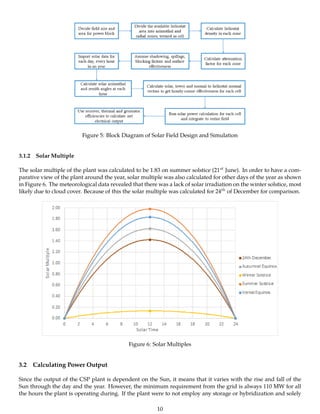 Figure 5: Block Diagram of Solar Field Design and Simulation
3.1.2 Solar Multiple
The solar multiple of the plant was calculated to be 1.83 on summer solstice (21st June). In order to have a com-
parative view of the plant around the year, solar multiple was also calculated for other days of the year as shown
in Figure 6. The meteorological data revealed that there was a lack of solar irradiation on the winter solstice, most
likely due to cloud cover. Because of this the solar multiple was calculated for 24th of December for comparison.
Figure 6: Solar Multiples
3.2 Calculating Power Output
Since the output of the CSP plant is dependent on the Sun, it means that it varies with the rise and fall of the
Sun through the day and the year. However, the minimum requirement from the grid is always 110 MW for all
the hours the plant is operating during. If the plant were to not employ any storage or hybridization and solely
10
 