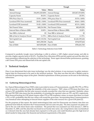 Tower Trough
Metric Value Metric Value
Annual Energy 334,093,120 kWh Annual Energy 225,247,153 kWh
Capacity Factor 38.10% Capacity Factor 25.70%
PPA Price (Year 1) 15.93 ¢/kWh PPA price (Year 1) 35.70 ¢/kWh
Levelized PPA Price (nominal) 20.82 ¢/kWh Levelized PPA Price (nominal) 48.66 ¢/kWh
Levelized COE (nominal) 19.45 ¢/kWh Levelized COE (nominal) 45.19 ¢/kWh
Net Present Value $48,216.984 Net Present Value $82,499,200
Internal Rate of Return (IRR) 10.00% Internal Rate of Return (IRR) 10.00%
Year IRR is Achieved 20 Year IRR is Achieved 20
IRR at End of Analysis Period 11.75% IRR at End of Analysis Period 11.75%
Net Capital Cost $847,133,536 Net Capital Cost $1,441,399,424
Equity $431,258,528 Equity $734,937,664
Size of Debt $415,855,008 Size of Debt $706,461,760
Table 2: Technology Selection from SAM
Compared to parabolic trough, tower technology is able to achieve a 148% higher annual energy and able to
provide a higher capacity factor of 38.10%. Purchase Price Allocation (PPA) and net capital cost were the other two
main parameters inﬂuencing the selection of the technology. Tower again showed better performances, granting
a 66% lower PPA price and almost half of the net capital cost.
3 Technical Analysis
Once it was determined that solar tower technology was the ideal solution, it was necessary to gather meteoro-
logical data for Ouarzazate to be used in the technical analysis. This data was then fed into a Matlab script to
calculate the generating output of the plant. Detailed explanations of these processes can be seen in the following
subsections.
3.1 Gathering Meteorological Data
In a Typical Meteorological Year (TMY), data is provided in terms of P-measurements, usually P50, P70, or P90 in
order to provide a criteria to judge the reliability of the solar resource. TMY values of P50 mean that there was
at least a 50% probability that the solar resource actually exceeded the value that was reported. Similarly, values
P70 and P90 TMY data mean that the probability of exceeding the reported value are 70% and 90% respectively.
Most ﬁnancial backing for CSP plants require either P70 or P90 irradiation values, to ensure that there is at least
a 70% or 90% probability that the true values will exceed the given base. Incorporating these P-measurements is
very beneﬁcial when attempting to forecast future supplies of the solar resource for a given CSP plant [7].
For the purposes of this report, the initial meteorological data used for Ouarzazate was historic data that was
gathered from SoDa-IS, therefore the P-measurements did not come into play. The data acquired was plane nor-
mal to the sun with direct beam solar irradiation. The period that was examined was from January 1, 2005 to
December 31, 2005, and this data that was based on an hourly time series. [6]. Using historic data was beneﬁcial
as it showed what the area had already been exposed to in the past, and could therefore give the high level of
detail needed to help project the ﬁnancial and technical requirements of the plant.
7
 