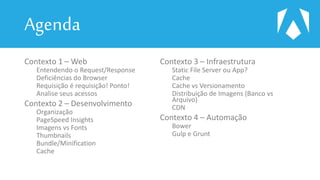 Agenda
Contexto 1 – Web
Entendendo o Request/Response
Deficiências do Browser
Requisição é requisição! Ponto!
Analise seus acessos
Contexto 2 – Desenvolvimento
Organização
PageSpeed Insights
Imagens vs Fonts
Thumbnails
Bundle/Minification
Cache
Contexto 3 – Infraestrutura
Static File Server ou App?
Cache
Cache vs Versionamento
Distribuição de Imagens (Banco vs
Arquivo)
CDN
Contexto 4 – Automação
Bower
Gulp e Grunt
 