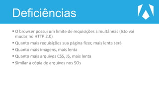 Deficiências
 O browser possui um limite de requisições simultâneas (Isto vai
mudar no HTTP 2.0)
 Quanto mais requisições sua página fizer, mais lenta será
 Quanto mais imagens, mais lenta
 Quanto mais arquivos CSS, JS, mais lenta
 Similar a cópia de arquivos nos SOs
 