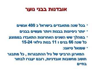 ‫נוער‬ ‫בבני‬ ‫אובדנות‬‫נוער‬ ‫בבני‬ ‫אובדנות‬
•‫כ‬ ‫בישראל‬ ‫מתאבדים‬ ‫שנה‬ ‫בכל‬‫כ‬ ‫בישראל‬ ‫מתאבדים‬ ‫שנה‬ ‫בכל‬400400‫אנשים‬‫אנשים‬
•‫בבנים‬ ‫מעשים‬ ‫ויותר‬ ‫בבנות‬ ‫ניסיונות‬ ‫יותר‬‫בבנים‬ ‫מעשים‬ ‫ויותר‬ ‫בבנות‬ ‫ניסיונות‬ ‫יותר‬
•‫בממוצע‬ ‫התאבדו‬ ‫האחרונות‬ ‫השנים‬ ‫שש‬ ‫במהלך‬‫בממוצע‬ ‫התאבדו‬ ‫האחרונות‬ ‫השנים‬ ‫שש‬ ‫במהלך‬
‫שנה‬ ‫כל‬‫שנה‬ ‫כל‬6666‫ו‬ ‫בנים‬‫ו‬ ‫בנים‬1111‫גילאי‬ ‫בנות‬‫גילאי‬ ‫בנות‬15-2415-24
•:‫טיאנו‬ ‫שמואל‬:‫טיאנו‬ ‫שמואל‬
‫מתבגר‬ ‫כל‬ , ‫ההתבגרות‬ ‫גיל‬ ‫של‬ ‫הרביעי‬ ‫המארגן‬‫מתבגר‬ ‫כל‬ , ‫ההתבגרות‬ ‫גיל‬ ‫של‬ ‫הרביעי‬ ‫המארגן‬
‫לבחור‬ ‫יעברו‬ ‫רובם‬ ,‫אובדניות‬ ‫מחשבות‬ ‫חושב‬‫לבחור‬ ‫יעברו‬ ‫רובם‬ ,‫אובדניות‬ ‫מחשבות‬ ‫חושב‬
‫בחיים‬‫בחיים‬
 