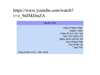 ‫לאישה‬ ‫בלדה‬
,‫ד,ר‬ֶ‫,ר‬ ‫ח‬ֶ‫,ר‬ ‫ב‬ַּ‫ֶח‬ ‫,רים‬ִ‫םי‬ ‫פ‬ָ‫יִר‬ ‫ס‬ְּ‫ֶח‬ ‫ה‬ַ ‫ו‬ּ‫ֶח‬‫ל‬ּ‫ֶח‬‫פ‬ִ‫םי‬ ‫א‬ֲ‫פ‬ "
,‫וב‬ּ‫ֶח‬‫וצ‬‫ע‬ָ‫יִר‬ ‫ה‬ֶ‫,ר‬ ‫ו‬ְ ‫ו,ר‬ּ‫ֶח‬‫ּוג‬‫ס‬ָ‫יִר‬ּ‫ֶח‬ ‫ה‬ַ
,‫ד,ר‬ֶ‫,ר‬ ‫ס‬ֵ‫רֶד‬ ‫ב‬ְּ‫ֶח‬ ‫לא‬ֹ‫א‬ ‫היא‬ִ‫םי‬ :‫ו‬ּ‫ֶח‬‫ע‬‫ד‬ְ ‫י‬ָ‫יִר‬ ‫ב,ר‬ָ‫יִר‬ ‫כ‬ְּ‫ֶח‬
.‫וב‬ּ‫ֶח‬‫ש‬ׁ‫ו‬ ‫לי‬ִ‫םי‬‫ב‬ְ ‫ל‬ִ‫םי‬ ‫כ ת‬ֶ‫,ר‬‫ל‬ֶ‫,ר‬‫ו‬ֹ‫א‬‫ה‬ ‫היא‬ִ‫םי‬
‫מק‬ֶ‫,ר‬ ‫ע‬ֵ‫רֶד‬ ‫ב‬ָ‫יִר‬ּ‫ֶח‬ ‫חק‬ֵ‫רֶד‬ ‫,ר‬ְ ‫ה‬ַ ‫ו ת‬ֹ‫א‬‫ח‬‫,ר‬ְ ‫ו‬ֹ‫א‬‫פ‬ּ‫ֶח‬ ‫וד‬ֹ‫א‬‫ע‬
.‫ב,ר‬ָ‫יִר‬ּ‫ֶח‬ ‫ה‬ַ ‫ו ת‬ֹ‫א‬‫ל‬‫וצ‬ָ‫יִר‬ּ‫ֶח‬‫ב‬ַ ‫ח‬ֲ‫פ‬ ‫לל‬ָ‫יִר‬‫ש‬ְׁ‫ו‬
,‫כל‬ֹ‫א‬ּ‫ֶח‬‫ה‬ַ ‫ו ת‬ֹ‫א‬‫,ר‬‫מ‬ְ ‫ל‬ַ ‫ך‬ְ ‫א‬ָ‫יִר‬
.‫מ,ר‬ָ‫יִר‬ ‫ּוג‬ְ‫נ‬ִ‫םי‬ ‫כל‬ֹ‫א‬ּ‫ֶח‬‫ה‬ַ
.‫בשי,ר‬ ‫האח,רון‬ ‫הבי ת‬ .‫א ת,ר‬ ‫ ת,רוצה‬
https://www.youtube.com/watch?
v=z_9dJMJJmZA
 