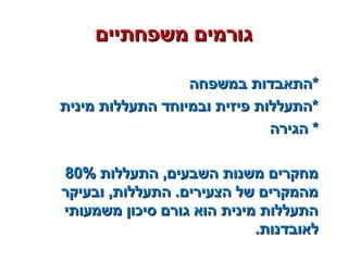 ‫במשפחה‬ ‫*התאבדות‬‫במשפחה‬ ‫*התאבדות‬
‫מינית‬ ‫התעללות‬ ‫ובמיוחד‬ ‫פיזית‬ ‫*התעללות‬‫מינית‬ ‫התעללות‬ ‫ובמיוחד‬ ‫פיזית‬ ‫*התעללות‬
‫הגירה‬ *‫הגירה‬ *
‫התעללות‬ ,‫השבעים‬ ‫משנות‬ ‫מחקרים‬‫התעללות‬ ,‫השבעים‬ ‫משנות‬ ‫מחקרים‬80%80%
‫ובעיקר‬ ,‫התעללות‬ .‫הצעירים‬ ‫של‬ ‫מהמקרים‬‫ובעיקר‬ ,‫התעללות‬ .‫הצעירים‬ ‫של‬ ‫מהמקרים‬
‫משמעותי‬ ‫סיכון‬ ‫גורם‬ ‫הוא‬ ‫מינית‬ ‫התעללות‬‫משמעותי‬ ‫סיכון‬ ‫גורם‬ ‫הוא‬ ‫מינית‬ ‫התעללות‬
.‫לאובדנות‬.‫לאובדנות‬
‫משפחתיים‬ ‫גורמים‬‫משפחתיים‬ ‫גורמים‬
 