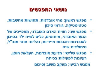 ‫המפגשים‬ ‫נושאי‬‫המפגשים‬ ‫נושאי‬
•,‫מחשבות‬ ‫תחושות‬ ,‫אובדנות‬ ‫מהי‬ :‫ראשון‬ ‫מפגש‬
‫סיכון‬ ‫גורמי‬ ,‫סטטיסטיקה‬
•‫של‬ ‫מאפיינים‬ ,‫האובדני‬ ‫האדם‬ ‫חווית‬ :‫שני‬ ‫מפגש‬
‫לשיח‬ ‫כלים‬ ,‫מיתוסים‬ ,‫האובדני‬ ‫הנער‬‫בסיכון‬ ‫ילד‬
,‫מנכ"ל‬ ‫חוזר‬ -‫נהלים‬ ,‫מיידיות‬ ‫לאובדנות-תגובות‬
‫שיח‬ ‫סימולצית‬
•,‫חוסן‬ ‫העלאת‬ ,‫אובדנות‬ ‫מניעת‬ :‫שלישי‬ ‫מפגש‬
‫בכיתה‬ ‫לפעילות‬ ‫רעיונות‬
‫וסיכום‬ ‫משוב‬ ‫מעקב‬ :‫רביעי‬ ‫מפגש‬
 