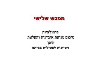 ‫שלישי‬ ‫מפגש‬‫שלישי‬ ‫מפגש‬
‫סימולציות‬‫סימולציות‬
‫והעלאת‬ ‫אובדנות‬ ‫מניעת‬ ‫סיכום‬‫והעלאת‬ ‫אובדנות‬ ‫מניעת‬ ‫סיכום‬
‫חוסן‬‫חוסן‬
‫בכיתה‬ ‫לפעילות‬ ‫רעיונות‬‫בכיתה‬ ‫לפעילות‬ ‫רעיונות‬
 