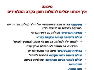 :‫סיכום‬:‫סיכום‬
‫התלמידים‬ ‫בקרב‬ ‫חוסן‬ ‫להעלות‬ ‫יכולים‬ ‫אנחנו‬ ‫איך‬‫התלמידים‬ ‫בקרב‬ ‫חוסן‬ ‫להעלות‬ ‫יכולים‬ ‫אנחנו‬ ‫איך‬
•-‫משפחה‬-‫משפחה‬‫הוריים‬ ‫חד‬ ,‫)עולים‬ ‫הילד‬ ‫של‬ ‫המשפחתי‬ ‫מצבו‬ ‫הכרת‬‫הוריים‬ ‫חד‬ ,‫)עולים‬ ‫הילד‬ ‫של‬ ‫המשפחתי‬ ‫מצבו‬ ‫הכרת‬
('‫וכד‬ ‫נפשית‬ ‫או‬ ‫כלכלית‬ ‫במצוקה‬('‫וכד‬ ‫נפשית‬ ‫או‬ ‫כלכלית‬ ‫במצוקה‬
•-‫חברתית‬ ‫תמיכה‬-‫חברתית‬ ‫תמיכה‬‫חברתי‬ ‫דגש‬ ‫עם‬ ‫פעילות‬‫חברתי‬ ‫דגש‬ ‫עם‬ ‫פעילות‬
•-‫עזרה‬ ‫ובקשת‬ ‫עצמית‬ ‫לחשיפה‬ ‫יכולת‬-‫עזרה‬ ‫ובקשת‬ ‫עצמית‬ ‫לחשיפה‬ ‫יכולת‬
–‫לשאול‬ ‫להמשיך‬ ,‫עונה‬ ‫לא‬ ‫אם‬ ‫גם‬ ,‫לשלומו‬ ‫ילד‬ ‫לשאול‬‫לשאול‬ ‫להמשיך‬ ,‫עונה‬ ‫לא‬ ‫אם‬ ‫גם‬ ,‫לשלומו‬ ‫ילד‬ ‫לשאול‬
–‫עצה‬ ‫וצריך‬ ‫מושלם‬ ‫לא‬ ‫המורה‬ ‫גם‬ -‫מודלינג‬‫עצה‬ ‫וצריך‬ ‫מושלם‬ ‫לא‬ ‫המורה‬ ‫גם‬ -‫מודלינג‬
•-‫קוגניטיבית‬ ‫גמישות‬-‫קוגניטיבית‬ ‫גמישות‬‫יש‬ ‫אפשרויות‬ ‫עוד‬ ‫איזה‬‫יש‬ ‫אפשרויות‬ ‫עוד‬ ‫איזה‬
•-‫תקינה‬ ‫רגשי‬ ‫לויסות‬ ‫יכולת‬-‫תקינה‬ ‫רגשי‬ ‫לויסות‬ ‫יכולת‬‫לטיפול‬ ‫להפנות‬‫לטיפול‬ ‫להפנות‬
•-‫חברתיות‬ ‫בעיות‬ ‫לפתור‬ ‫יכולת‬-‫חברתיות‬ ‫בעיות‬ ‫לפתור‬ ‫יכולת‬‫בכיתה‬ ‫פעילויות‬‫בכיתה‬ ‫פעילויות‬
•‫אופטימיות‬‫אופטימיות‬
•.‫הומור‬ ‫חוש‬.‫הומור‬ ‫חוש‬
 