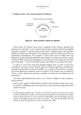 LES FONDAMENTAUX
250
• Troisième raison : nous avons un besoin de cohérence
Notre besoin de cohérence nous incite à organiser d’une manière optimale nos
opinions, nos attitudes1 et nos comportements. Ainsi, la personnalité d’un individu
fonctionne comme un système structuré qui tend à s’organiser pour éviter les désé-
quilibres et réduire ses incertitudes. Les convictions sont donc reliées entre elles et se
soutiennent mutuellement. Par exemple, si Victor pense que les enfants sont mal
éduqués, il se peut qu’il pense également que les juges ne sont pas assez sévères, que les
trottoirs de Paris ne sont pas assez propres ou encore que le sens civique est une valeur
qui n’existe plus… C’est cet ensemble structuré qui renforce la conviction de Victor.
La remise en cause d’une conviction profonde implique donc la remise en cause d’un
ensemble de convictions. Ainsi, lorsque surgit un élément (expérience, information
nouvelle) qui perturbe les croyances établies, il y a création d’incertitude et produc-
tion d’une dissonance cognitive, source de tension. Cette tension crée un malaise et
Victor va alors entamer un processus complexe et inconscient de réduction de la
dissonance.
On observe généralement que, dans ce cas, Victor va adopter un des comporte-
ments suivants :
– soit il va nier, esquiver l’information nouvelle. Cette attitude consiste à tout reje-
ter en bloc en affirmant que ce n’est pas vrai, et toutes les preuves apportées seront
remises en cause;
1. Les psychologues désignent par « attitudes » l’ensemble des positions arrêtées sur un certain
nombre de problèmes de société, et les orientations principales de la personnalité qui fondent
toutes les autres opinions. Ce sont ces positions individuelles, mais aussi partagées, que l’on
étudie en psychologie sociale sous le terme d’« attitudes ». Voir l’ouvrage Psychologie sociale des
relations à autrui, de Serge Moscovici, Paris, Armand Colin, 2005.
Convictions
transmises
Émotions positives ou négatives
Vu ou
entendu
Grain de vérité
Convictions
B
e
s
oin de cohére
n
c
e
Déductions
Figure 3.9 – Notre conviction a besoin de cohérence
 