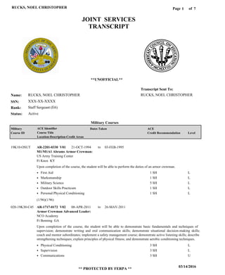 Page of1
03/14/2016
** PROTECTED BY FERPA **
RUCKS, NOEL CHRISTOPHER 7
RUCKS, NOEL CHRISTOPHER
XXX-XX-XXXX
Staff Sergeant (E6)
RUCKS, NOEL CHRISTOPHER
Transcript Sent To:
Name:
SSN:
Rank:
JOINT SERVICES
TRANSCRIPT
**UNOFFICIAL**
Military Courses
ActiveStatus:
Military
Course ID
ACE Identifier
Course Title
Location-Description-Credit Areas
Dates Taken ACE
Credit Recommendation Level
M1/M1A1 Abrams Armor Crewman:
Armor Crewman Advanced Leader:
AR-2201-0330 V01
AR-1717-0172 V02
21-OCT-1994
08-APR-2011
03-FEB-1995
26-MAY-2011
Upon completion of the course, the student will be able to perform the duties of an armor crewman.
Upon completion of the course, the student will be able to demonstrate basic fundamentals and techniques of
supervision; demonstrate writing and oral communication skills; demonstrate situational decision-making skills;
coach and mentor subordinates; implement a safety management course; demonstrate active listening skills; describe
strengthening techniques; explain principles of physical fitness; and demonstrate aerobic conditioning techniques.
19K10-OSUT
020-19K30-C45
US Army Training Center
NCO Academy
Ft Knox KY
Ft Benning GA
First Aid
Marksmanship
Military Science
Outdoor Skills Practicum
Personal Physical Conditioning
Physical Conditioning
Supervision
Communications
1 SH
1 SH
5 SH
1 SH
1 SH
3 SH
3 SH
3 SH
L
L
L
L
L
L
L
U
(1/96)(1/96)
to
to
 