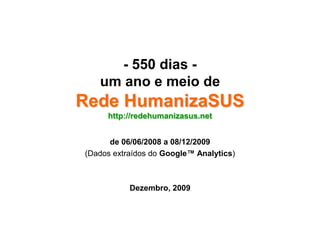 - 550 dias -um ano e meio deRede HumanizaSUShttp://redehumanizasus.net de 06/06/2008 a 08/12/2009 (Dados extraídos do Google™ Analytics) Dezembro, 2009 