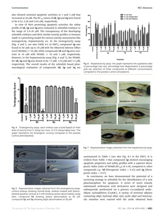 also showed minimal apoptotic activities at 1 and 3 mM that
increased at 30 mM. The EC50 values of 5d, 5p and 5q were found
to be 8.23, 2.28 and 3.64 mM, respectively.
In view of their promising apoptotic activities the safety
prole of 5d, 5p and 5q were evaluated in zebrash embryos in
the range of 1.0–30 mM. The transparency of the developing
zebrash embryos and their similar toxicity proles to humans
made it a promising model for various toxicity assessments like
teratogenicity, hepatotoxicity etc. In the teratogenicity assay
(Fig. 4 and 5, see also Table S-1 in ESI†), compound 5p was
found to be safe up to 30 mM with No Observed Adverse Eﬀect
Level (NOAEL) $ 10 mM, while compounds 5d and 5q were non-
toxic at 10 mM with NOAEL $ 10 and 3 mM, respectively.
However, in the hepatotoxicity assay (Fig. 6 and 7), the NOAEL
for 5d, 5p and 5q was found to be #3 mM, #10 mM and #1 mM,
respectively. The overall results of the zebrash based phar-
macological evaluation of compounds 5d, 5p and 5q are
summarized in Table 3 (see also Fig. S-1 in the ESI†). It is
evident from Table 3 that compound 5p showed encouraging
apoptotic properties and safety proles with a superior thera-
peutic index (ratio of NOAEL/EC50) of 4.38, compared to other
compounds e.g. 5d (therapeutic index ¼ 0.12) and 5q (thera-
peutic index ¼ 0.27).
In conclusion, we have demonstrated the potential of a
screening strategy in zebrash for the identication of a new
pharmacophore for apoptosis. A series of novel triazole
substituted mefenamic acid derivatives were designed and
subsequently synthesized via a greener Cu-catalyzed azide–
alkyne cycloaddition (CuAAC). A variety of terminal alkynes
containing alkyl, hydroxyl alkyl, aryl, cyclic alkyl and heterocy-
clic moieties were reacted with the azide obtained from
Fig. 4 Teratogenicity assay: each embryo was scored based on their
level of toxicity from 5, being non toxic, to 0.5, being highly toxic. The
graph represents the teratogenic scoring compared to the positive
control phenobarbital.
Fig. 5 Representative images obtained from the teratogenicity assay:
control embryo showing normal body; embryo treated with pheno-
barbital (positive control) at 3 mM showing severe abnormalities, body
bent; compound 5d showing severe abnormalities at 30 mM;
compound 5p and 5q showing slight abnormalities at 30 mM.
Fig. 6 Hepatotoxicity assay: the graph represents the qualitative data
of percentage liver size, percentage liver degeneration  percentage
yolk sac retention of three compounds at diﬀerent concentrations
compared to the positive control amiodarone.
Fig. 7 Representative images obtained from the hepatotoxicity assay.
This journal is © The Royal Society of Chemistry 2014 RSC Adv., 2014, 4, 4878–4882 | 4881
Communication RSC Advances
 