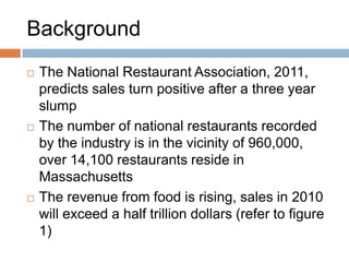 BackgroundThe National Restaurant Association, 2011, predicts sales turn positive after a three year slumpThe number of national restaurants recorded by the industry is in the vicinity of 960,000, over 14,100 restaurants reside in MassachusettsThe revenue from food is rising, sales in 2010 will exceed a half trillion dollars (refer to figure 1)