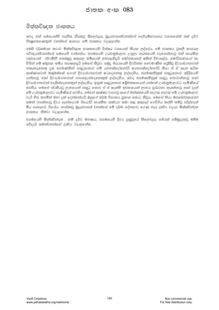 ñ;a;úJol cd;lh
;jo tla iufhlays mrys; ksr;jQ ;sf,da.=re nqÿrcdkkajykafia foõrïfjfyr jikfiala tla ÿj_j
NsCIqflfKl=ka jykafia wrNhd fï cd;lh jod<fial'
fuys j¾;udk l:dj ñ;a;úJol cd;lfhys úia;r jYfhka lshk ,oafoah' fï cd;lh jQl,S ldYH,
ij_{hkajykaafia iufhys jkafkah' tiufhys Wrpl%ud,dj Wiq,d krlfhys mefikakdjQ tla kdrlsl
iFjfhla iajdókS fln÷jQ wl=i, lu_fhla flf<ys±hs fndai;dkka w;ska úpdf<ah' fndaêiFjfhda ;d
úiska fï wl=i, lu_h lrK,±hs fufia lsjqj' iuqø uOHfhys Èjhskl ffjudKsl fma%;SjQ ÈjHdX.kdjka
i;rfofkl= ±l tmuKlska i;=gqfkdj fï hym;afodafydahs whym;afodafydahs lshd ta ta ;ek wêl
;DIaKdfjka u;=u;af;a f.dia ÈjHdX.kdjka wgfofkl= ,oafoysh" tmuKlskq;a i;=gqfkdj bÈrsfhys
hkakdjQ f;da ÈjHdX.kdjka fidf<diafofkl=;a ,oafoysh' ;jo tmuKlskq;a i;=gq fkdjkakdjQ f;da
ÈjHdX.kdjka fo;siafofkl=ka ,oafoysh" bkq;a i;=gqfkdj w;%spP;dfhka hkafka Wrpl%ud,djg meñKsfha
fjysh' fufia iajlShjQ ,dNfhka i;=gq fkdj ta ta ;ekays bpPdfhka ,dNh m%d¾:kd lrkakdjQ f;da oeka
fï Wrpl%ud,djg meñKsfha fjysh' fufia ;DIaKd jiÕjQ ;df.a uia;lfhys kej; kej; fï Wrpl%ud,dj
jeà ysi lmñka uyd ÿla fokafkahhs Tyqf.a l¾u úmdlh m%ldY fldg lsjQh' fufia lshd uyfndai;dfkda
;uka jikakdjQ ÈjH f,dalhgu .sfhdahs kdrlSl i;ajhd ;ud l< wl=i,a f.ù.sh l,ays lïjQ mßoafoka
ñh mrf,dj .sfhah' Ydia;DjQ nqÿrcdkka jykafia fï O¾u foaYkdj f.K yer olajd jodrd ñ;a;úkaol
cd;lh ksujd jod<fial'
tiufhys ñka;úkaol kï ÿj_j uyKh" tiufhys ÈjH mq;%jQfha ;sf,da.=re iuHla iïnqÿrcjQ uïu
fõoehs ;ukajykafia olajd jod<fial'
cd;l wxl 083
Vsoft Creations
www.jathakakatha.org/newhome
140 Non commercial use.
For free distribution only.
 