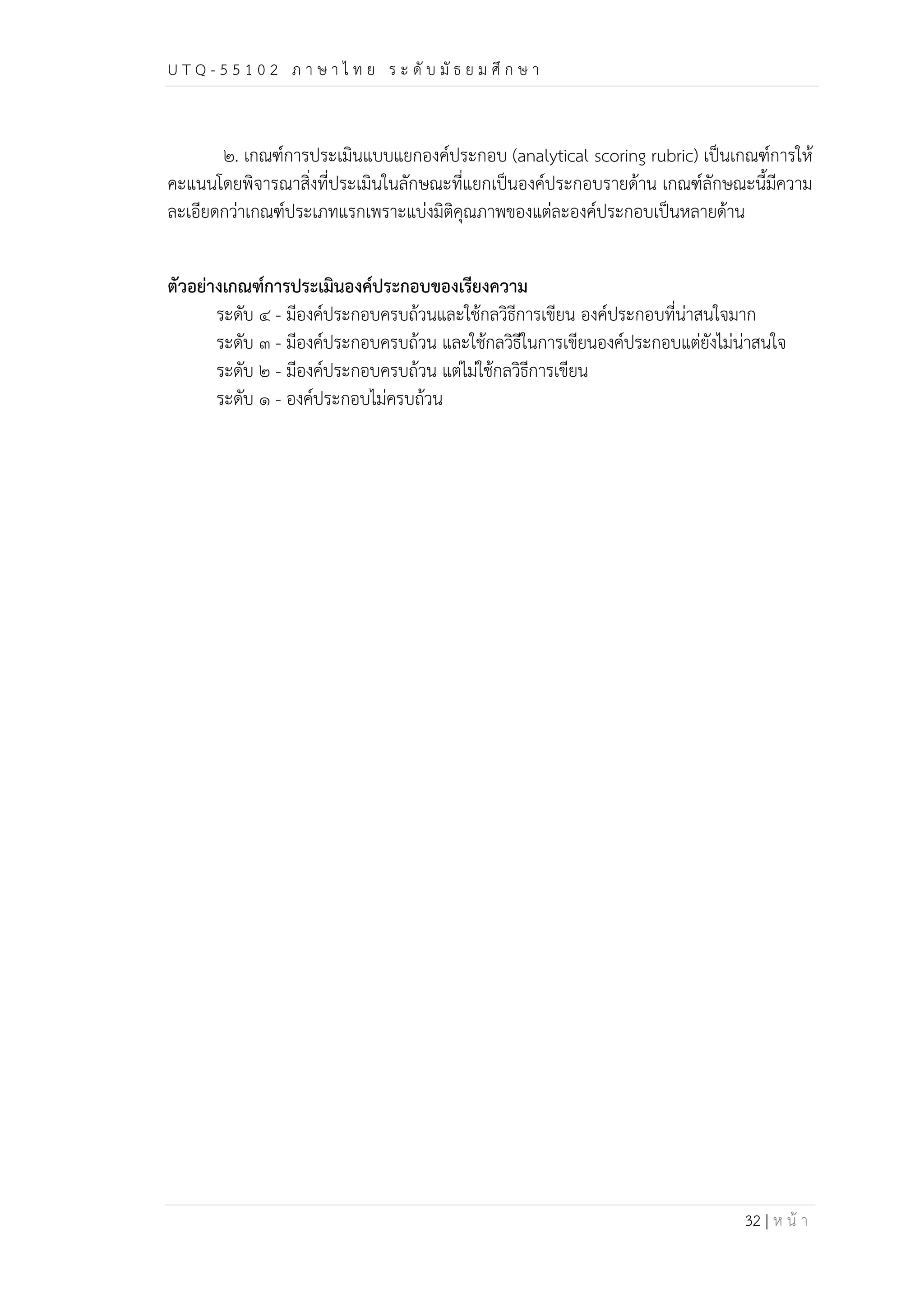 U T Q - 5 5 1 0 2 ภ า ษ า ไ ท ย ร ะ ดับ มัธ ย ม ศึก ษ า 
๒. เกณฑ์การประเมินแบบแยกองค์ประกอบ (analytical scoring rubric) เป็นเกณฑ์การให้ 
คะแนนโดยพิจารณาสิ่งที่ประเมินในลักษณะที่แยกเป็นองค์ประกอบรายด้าน เกณฑ์ลักษณะนี้มีความ 
ละเอียดกว่าเกณฑ์ประเภทแรกเพราะแบ่งมิติคุณภาพของแต่ละองค์ประกอบเป็นหลายด้าน 
32 | ห น้า 
ตัวอย่างเกณฑ์การประเมินองค์ประกอบของเรียงความ 
ระดับ ๔ - มีองค์ประกอบครบถ้วนและใช้กลวิธีการเขียน องค์ประกอบที่น่าสนใจมาก 
ระดับ ๓ - มีองค์ประกอบครบถ้วน และใช้กลวิธีในการเขียนองค์ประกอบแต่ยังไม่น่าสนใจ 
ระดับ ๒ - มีองค์ประกอบครบถ้วน แต่ไม่ใช้กลวิธีการเขียน 
ระดับ ๑ - องค์ประกอบไม่ครบถ้วน 
 