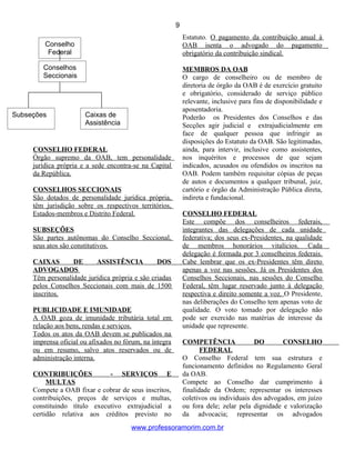 CONSELHO FEDERAL
Órgão supremo da OAB, tem personalidade
jurídica própria e a sede encontra-se na Capital
da República.
CONSELHOS SECCIONAIS
São dotados de personalidade jurídica própria,
têm jurisdição sobre os respectivos territórios,
Estados-membros e Distrito Federal.
SUBSEÇÕES
São partes autônomas do Conselho Seccional,
seus atos são constitutivos.
CAIXAS DE ASSISTÊNCIA DOS
ADVOGADOS
Têm personalidade jurídica própria e são criadas
pelos Conselhos Seccionais com mais de 1500
inscritos.
PUBLICIDADE E IMUNIDADE
A OAB goza de imunidade tributária total em
relação aos bens, rendas e serviços.
Todos os atos da OAB devem se publicados na
imprensa oficial ou afixados no fórum, na íntegra
ou em resumo, salvo atos reservados ou de
administração interna.
CONTRIBUIÇÕES - SERVIÇOS E
MULTAS
Compete a OAB fixar e cobrar de seus inscritos,
contribuições, preços de serviços e multas,
constituindo título executivo extrajudicial a
certidão relativa aos créditos previsto no
Estatuto. O pagamento da contribuição anual à
OAB isenta o advogado do pagamento
obrigatório da contribuição sindical.
MEMBROS DA OAB
O cargo de conselheiro ou de membro de
diretoria de órgão da OAB é de exercício gratuito
e obrigatório, considerado de serviço público
relevante, inclusive para fins de disponibilidade e
aposentadoria.
Poderão os Presidentes dos Conselhos e das
Secções agir judicial e extrajudicialmente em
face de qualquer pessoa que infringir as
disposições do Estatuto da OAB. São legitimadas,
ainda, para intervir, inclusive como assistentes,
nos inquéritos e processos de que sejam
indicados, acusados ou ofendidos os inscritos na
OAB. Podem também requisitar cópias de peças
de autos e documentos a qualquer tribunal, juiz,
cartório e órgão da Administração Pública direta,
indireta e fundacional.
CONSELHO FEDERAL
Este compõe dos conselheiros federais,
integrantes das delegações de cada unidade
federativa; dos seus ex-Presidentes, na qualidade
de membros honorários vitalícios. Cada
delegação é formada por 3 conselheiros federais.
Cabe lembrar que os ex-Presidentes têm direto
apenas a voz nas sessões. Já os Presidentes dos
Conselhos Seccionais, nas sessões do Conselho
Federal, têm lugar reservado junto à delegação
respectiva e direito somente a voz. O Presidente,
nas deliberações do Conselho tem apenas voto de
qualidade. O voto tomado por delegação não
pode ser exercido nas matérias de interesse da
unidade que represente.
COMPETÊNCIA DO CONSELHO
FEDERAL
O Conselho Federal tem sua estrutura e
funcionamento definidos no Regulamento Geral
da OAB.
Compete ao Conselho dar cumprimento à
finalidade da Ordem; representar os interesses
coletivos ou individuais dos advogados, em juízo
ou fora dele; zelar pela dignidade e valorização
da advocacia; representar os advogados
www.professoramorim.com.br
9
Conselhos
Seccionais
Conselho
Federal
Caixas de
Assistência
Subseções
 
