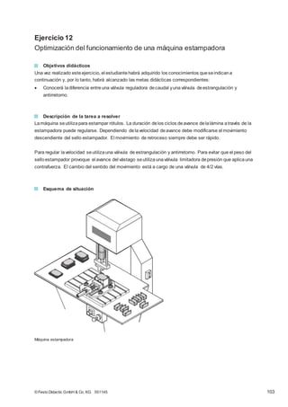 Ejercicio 12
Optimización del funcionamiento de una máquina estampadora
Objetivos didácticos
Una vez realizado esteejercicio, el estudiantehabrá adquirido los conocimientos queseindicana
continuación y, por lo tanto, habrá alcanzado las metas didácticas correspondientes:
 Conocerá ladiferencia entreuna válvula reguladora decaudal yunaválvula deestrangulación y
antirretorno.
Descripción de la tarea a resolver
Lamáquina seutilizapara estampar rótulos. La duración delos ciclos deavance delalámina através de la
estampadora puede regularse. Dependiendo delavelocidad deavance debe modificarse el movimiento
descendiente del sello estampador. El movimiento de retroceso siempre debe ser rápido.
Para regular lavelocidad seutilizauna válvula de estrangulación y antirretorno. Para evitar que el peso del
selloestampador provoque el avance del vástago seutilizaunaválvula limitadora depresión que aplicauna
contrafuerza. El cambio del sentido del movimiento está a cargo de una válvula de 4/2 vías.
Esquema de situación
Máquina estampadora
© Festo Didactic GmbH & Co. KG 551145 103
 