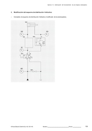 Ejercicio 12 – Optimización del funcionamiento de una máquina estampadora
109©FestoDidacticGmbH &Co. KG 551145 Nombre: Fecha:
6. Modificación del esquema de distribución hidráulico
– Complete el esquema de distribución hidráulico modificado de la estampadora.
1A1
1Z2 1Z3
1V2
1Z1
1V3 P
T
1V1 A B
P T
0Z1
0V1
 