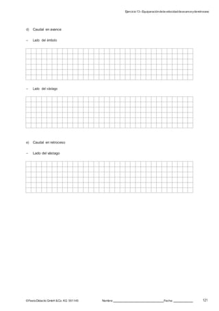 Ejercicio13–Equiparacióndelavelocidaddeavanceyderetroceso
121©FestoDidacticGmbH &Co. KG 551145 Nombre: Fecha:
d) Caudal en avance
– Lado del émbolo
– Lado del vástago
e) Caudal en retroceso
– Lado del vástago
 