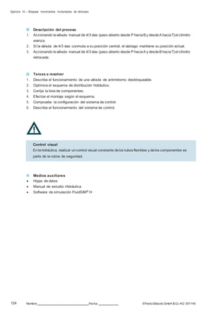 Ejercicio 14 – Bloquear movimientos involuntarios de retroceso
124 Nombre: Fecha: ©FestoDidacticGmbH &Co. KG 551145
Descripción del proceso
1. Accionando laválvula manual de 4/3vías (paso abierto desde P haciaB y desdeA haciaT)el cilindro
avanza.
2. Si la válvula de 4/3 vías conmuta a su posición central, el vástago mantiene su posición actual.
3. Accionando laválvula manual de 4/3vías (paso abierto desde P haciaA y desdeB haciaT)el cilindro
retrocede.
Tareas a resolver
1. Describa el funcionamiento de una válvula de antirretorno desbloqueable.
2. Optimice el esquema de distribución hidráulico.
3. Corrija la lista de componentes.
4. Efectúe el montaje según el esquema.
5. Compruebe la configuración del sistema de control.
6. Describa el funcionamiento del sistema de control.
Medios auxiliares
 Hojas de datos
 Manual de estudio: Hidráulica
 Software de simulación FluidSIM® H
Control visual
Enlahidráulica, realizar uncontrol visual constante delos tubos flexibles y delos componentes es
parte de la rutina de seguridad.
 