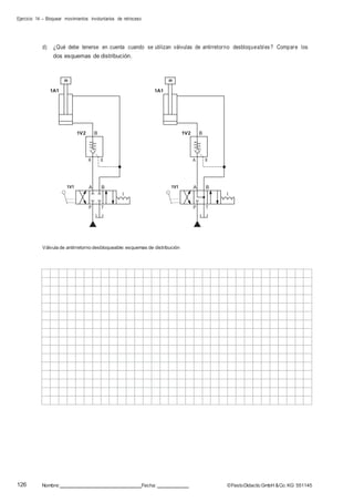 Ejercicio 14 – Bloquear movimientos involuntarios de retroceso
126 Nombre: Fecha: ©FestoDidacticGmbH &Co. KG 551145
m
1V2 B
A X
1V1 A B
P T
d) ¿Qué debe tenerse en cuenta cuando se utilizan válvulas de antirretorno desbloqueables? Compare los
dos esquemas de distribución.
1A1 1A1
Válvula de antirretorno desbloqueable: esquemas de distribución
m
1V2 B
A X
1V1 A B
P T
 