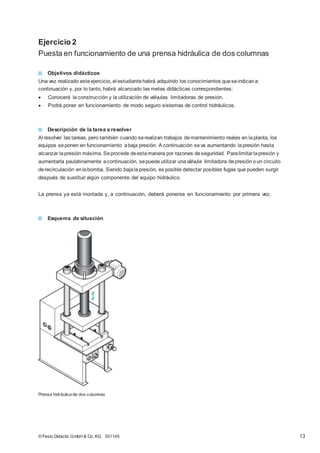 Ejercicio 2
Puesta en funcionamiento de una prensa hidráulica de dos columnas
Objetivos didácticos
Una vez realizado esteejercicio, el estudiantehabrá adquirido los conocimientos queseindicana
continuación y, por lo tanto, habrá alcanzado las metas didácticas correspondientes:
 Conocerá la construcción y la utilización de válvulas limitadoras de presión.
 Podrá poner en funcionamiento de modo seguro sistemas de control hidráulicos.
Descripción de la tarea a resolver
Al resolver las tareas, pero también cuando serealizan trabajos demantenimiento reales en laplanta, los
equipos seponen en funcionamiento abaja presión. A continuación seva aumentando lapresión hasta
alcanzar lapresión máxima. Seprocede deestamanera por razones deseguridad. Paralimitarlapresión y
aumentarla paulatinamente acontinuación, sepuede utilizar unaválvula limitadora depresión oun circuito
derecirculación enlabomba. Siendo bajalapresión, es posible detectar posibles fugas que pueden surgir
después de sustituir algún componente del equipo hidráulico.
La prensa ya está montada y, a continuación, deberá ponerse en funcionamiento por primera vez.
Esquema de situación
Prensa hidráulica de dos columnas
© Festo Didactic GmbH & Co. KG 551145 13
 