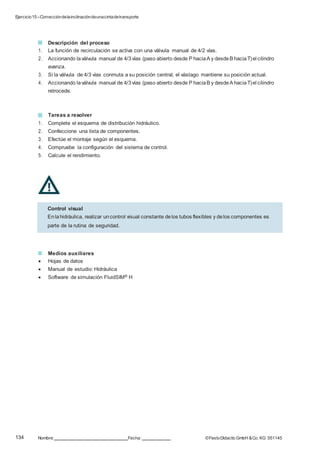 Ejercicio15–Correccióndelainclinacióndeunacintadetransporte
134 Nombre: Fecha: ©FestoDidacticGmbH &Co. KG 551145
Descripción del proceso
1. La función de recirculación se activa con una válvula manual de 4/2 vías.
2. Accionando laválvula manual de 4/3vías (paso abierto desde P haciaA y desdeB haciaT)el cilindro
avanza.
3. Si la válvula de 4/3 vías conmuta a su posición central, el vástago mantiene su posición actual.
4. Accionando laválvula manual de 4/3vías (paso abierto desde P haciaB y desdeA haciaT)el cilindro
retrocede.
Tareas a resolver
1. Complete el esquema de distribución hidráulico.
2. Confeccione una lista de componentes.
3. Efectúe el montaje según el esquema.
4. Compruebe la configuración del sistema de control.
5. Calcule el rendimiento.
Medios auxiliares
 Hojas de datos
 Manual de estudio: Hidráulica
 Software de simulación FluidSIM® H
Control visual
Enlahidráulica, realizar uncontrol visual constante delos tubos flexibles y delos componentes es
parte de la rutina de seguridad.
 