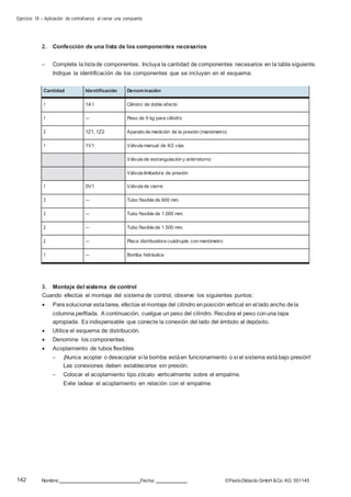 Ejercicio 16 – Aplicación de contrafuerza al cerrar una compuerta
142 Nombre: Fecha: ©FestoDidacticGmbH &Co. KG 551145
2. Confección de una lista de los componentes necesarios
– Complete la listade componentes. Incluya la cantidad de componentes necesarios en la tabla siguiente.
Indique la identificación de los componentes que se incluyen en el esquema.
Cantidad Identificación Denominación
1 1A1 Cilindro de doble efecto
1 — Peso de 9 kg para cilindro
2 1Z1, 1Z2 Aparato de medición de la presión (manómetro)
1 1V1 Válvula manual de 4/2 vías
Válvula de estrangulación y antirretorno
Válvula limitadora de presión
1 0V1 Válvula de cierre
3 — Tubo flexible de 600 mm.
3 — Tubo flexible de 1.000 mm.
2 — Tubo flexible de 1.500 mm.
2 — Placa distribuidora cuádruple, con manómetro
1 — Bomba hidráulica
3. Montaje del sistema de control
Cuando efectúe el montaje del sistema de control, observe los siguientes puntos:
 Para solucionar estatarea, efectúe el montaje del cilindro enposición vertical en el lado ancho dela
columna perfilada. A continuación, cuelgue un peso del cilindro. Recubra el peso conuna tapa
apropiada. Es indispensable que conecte la conexión del lado del émbolo al depósito.
 Utilice el esquema de distribución.
 Denomine los componentes.
 Acoplamiento de tubos flexibles
– ¡Nunca acoplar o desacoplar si la bomba estáen funcionamiento o si el sistema estábajo presión!
Las conexiones deben establecerse sin presión.
– Colocar el acoplamiento tipo zócalo verticalmente sobre el empalme.
Evite ladear el acoplamiento en relación con el empalme.
 