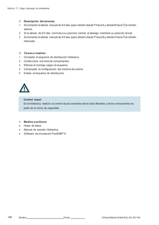 Ejercicio 17 – Carga y descarga de contenedores
146 Nombre: Fecha: ©FestoDidacticGmbH &Co. KG 551145
Descripción del proceso
1. Accionando laválvula manual de 4/3vías (paso abierto desde P haciaA y desdeB haciaT)el cilindro
avanza.
2. Si la válvula de 4/3 vías conmuta a su posición central, el vástago mantiene su posición actual.
3. Accionando laválvula manual de 4/3vías (paso abierto desde P haciaB y desdeA haciaT)el cilindro
retrocede.
Tareas a resolver
1. Complete el esquema de distribución hidráulico.
2. Confeccione una lista de componentes.
3. Efectúe el montaje según el esquema.
4. Compruebe la configuración del sistema de control.
5. Evalúe el esquema de distribución.
Medios auxiliares
 Hojas de datos
 Manual de estudio: Hidráulica
 Software de simulación FluidSIM® H
Control visual
Enlahidráulica, realizar uncontrol visual constante delos tubos flexibles y delos componentes es
parte de la rutina de seguridad.
 