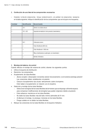 Ejercicio 17 – Carga y descarga de contenedores
148 Nombre: Fecha: ©FestoDidacticGmbH &Co. KG 551145
2. Confección de una lista de los componentes necesarios
– Complete la lista de componentes. Incluya la denominación y la cantidad de componentes necesarios
en latabla siguiente. Indique la identificación de los componentes que seincluyen enel esquema.
Cantidad Identificación Denominación
1 1A1 Cilindro de doble efecto
2 1Z1, 1Z2 Aparato de medición de la presión (manómetro)
1 0V1 Válvula de cierre
5 — Tubo flexible de 600 mm.
3 — Tubo flexible de 1.000 mm.
2 — Placa distribuidora cuádruple, con manómetro
1 — Bomba hidráulica
3. Montaje del sistema de control
Cuando efectúe el montaje del sistema de control, observe los siguientes puntos:
 Utilice el esquema de distribución.
 Denomine los componentes.
 Acoplamiento de tubos flexibles
– ¡Nunca acoplar o desacoplar si la bomba estáen funcionamiento o si el sistema estábajo presión!
Las conexiones deben establecerse sin presión.
– Colocar el acoplamiento tipo zócalo verticalmente sobre el empalme.
Evite ladear el acoplamiento en relación con el empalme.
 Selección y montaje de los tubos flexibles
– Seleccione lalongitud delos tubos flexibles detal manera quesedisponga suficiente espacio
para compensar modificaciones de lalongitud que pueden originarse debido alapresión.
– Evite esfuerzos mecánicos en los tubos flexibles.
– No doble los tubos flexibles más del radio mínimo admisible de 51 mm.
– Al efectuar el montaje, no provoque torsiones en los tubos flexibles.
– Ponga cuidado en no doblar los tubos flexibles.
 Marque las conexiones de los tubos flexibles en el esquema hidráulico.
 