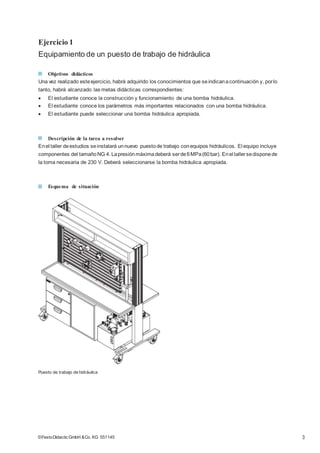 3©FestoDidacticGmbH &Co. KG 551145
Ejercicio 1
Equipamiento de un puesto de trabajo de hidráulica
Objetivos didácticos
Una vez realizado esteejercicio, habrá adquirido los conocimientos que seindicanacontinuación y, porlo
tanto, habrá alcanzado las metas didácticas correspondientes:
 El estudiante conoce la construcción y funcionamiento de una bomba hidráulica.
 El estudiante conoce los parámetros más importantes relacionados con una bomba hidráulica.
 El estudiante puede seleccionar una bomba hidráulica apropiada.
Descripción de la tarea a resolver
Enel taller deestudios seinstalará unnuevo puestode trabajo conequipos hidráulicos. El equipo incluye
componentes del tamañoNG 4. Lapresiónmáximadeberá serde6MPa(60bar). Enel tallersedisponede
la toma necesaria de 230 V. Deberá seleccionarse la bomba hidráulica apropiada.
Esquema de situación
Puesto de trabajo de hidráulica
 
