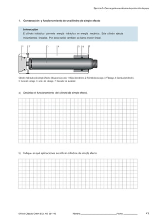 Ejercicio5–Descargadeunamáquinadeproduccióndepapel
43©FestoDidacticGmbH &Co. KG 551145 Nombre: Fecha:
1. Construcción y funcionamiento de un cilindro de simple efecto
Cilindro hidráulicodesimple efecto:dibujoensección.1:Basedelcilindro.2:Tornillodeescape.3:Vástago.4:Camisadelcilindro.
5: Guía del vástago. 6: Junta del vástago. 7: Rascador de suciedad
a) Describa el funcionamiento del cilindro de simple efecto.
b) Indique en qué aplicaciones se utilizan cilindros de simple efecto.
Información
El cilindro hidráulico convierte energía hidráulica en energía mecánica. Este cilindro ejecuta
movimientos lineales. Por esta razón también se llama motor lineal.
1 2 3 4 5 6 7
 