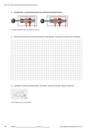 Ejercicio5–Descargadeunamáquinadeproduccióndepapel
44 Nombre: Fecha: ©FestoDidacticGmbH &Co. KG 551145
2. Construcción y funcionamiento de una válvula manual de 2/2 vías
Válvulas manuales de 2/2 vías: dibujos en sección
a) Describa la construcción y el funcionamiento de las válvulas manuales de 2/2 vías aquí mostradas.
b) Complete el símbolo correspondiente a la válvula manual de 2/2 vías (válvula de asiento).
A
P
Válvula manual de 2/2 vías: símbolo
L
 