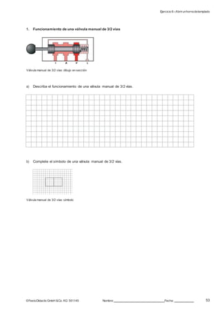 Ejercicio 6–Abrirunhornodetemplado
53©FestoDidacticGmbH &Co. KG 551145 Nombre: Fecha:
1. Funcionamiento de una válvula manual de 3/2 vías
Válvula manual de 3/2 vías: dibujo en sección
a) Describa el funcionamiento de una válvula manual de 3/2 vías.
b) Complete el símbolo de una válvula manual de 3/2 vías.
Válvula manual de 3/2 vías: símbolo
 
