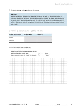 Ejercicio 6–Abrirunhornodetemplado
57©FestoDidacticGmbH &Co. KG 551145 Nombre: Fecha:
7. Medición de la presión y del tiempo de avance
a) Determine los valores necesarios y apúntelos en la tabla.
Sentido del movimiento Presión[MPa] Tiempo [s]
Avance
Retroceso
b) Calcule la presión que aplica el peso.
Parámetros necesarios para realizar el cálculo:
Carga ocasionada por el peso: FG = 90 N
Superficie del émbolo en el lado del vástago: APR = 1,2cm2
Ejecución
Cambie lentamente la posición de la válvula manual de 4/2 vías. El vástago del cilindro 1A1
retrocede lentamente. Al cambiarlentamente laposicióndelaválvula no seabre deinmediato toda
lasección. Porlo tanto, el caudal proveniente delabomba fluye de manera estrangulada haciael
cilindro. Una vez que laválvula recupera suposiciónnormal, el vástago retrocede haciasuposición
final inferior.
 