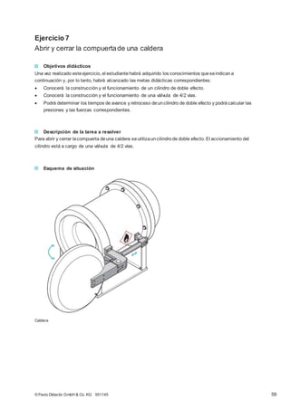 Ejercicio 7
Abrir y cerrar la compuertade una caldera
Objetivos didácticos
Una vez realizado esteejercicio, el estudiantehabrá adquirido los conocimientos queseindicana
continuación y, por lo tanto, habrá alcanzado las metas didácticas correspondientes:
 Conocerá la construcción y el funcionamiento de un cilindro de doble efecto.
 Conocerá la construcción y el funcionamiento de una válvula de 4/2 vías.
 Podrá determinar los tiempos de avance y retroceso deuncilindro de doble efecto y podrácalcular las
presiones y las fuerzas correspondientes.
Descripción de la tarea a resolver
Para abrir y cerrar lacompuerta deuna caldera seutilizauncilindrode doble efecto. El accionamiento del
cilindro está a cargo de una válvula de 4/2 vías.
Esquema de situación
Caldera
© Festo Didactic GmbH & Co. KG 551145 59
 