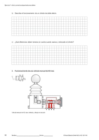 Ejercicio7 –Abrirycerrarlacompuertadeunacaldera
62 Nombre: Fecha: ©FestoDidacticGmbH &Co. KG 551145
A B
P T
b) Describa el funcionamiento de un cilindro de doble efecto.
c) ¿Qué diferencias deben tenerse en cuenta cuando avanza y retrocede el cilindro?
2. Funcionamiento de una válvula manual de 4/2 vías
Válvula manual de 4/2 vías: símbolo y dibujo en sección
 