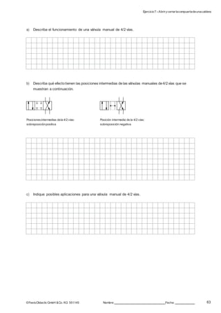 Ejercicio7 –Abrirycerrarlacompuertadeunacaldera
63©FestoDidacticGmbH &Co. KG 551145 Nombre: Fecha:
a) Describa el funcionamiento de una válvula manual de 4/2 vías.
b) Describa qué efectotienen las posiciones intermedias delas válvulas manuales de4/2vías que se
muestran a continuación.
Posicionesintermedias dela 4/2 vías: Posición intermedia de la 4/2 vías:
sobreposiciónpositiva sobreposición negativa
c) Indique posibles aplicaciones para una válvula manual de 4/2 vías.
 